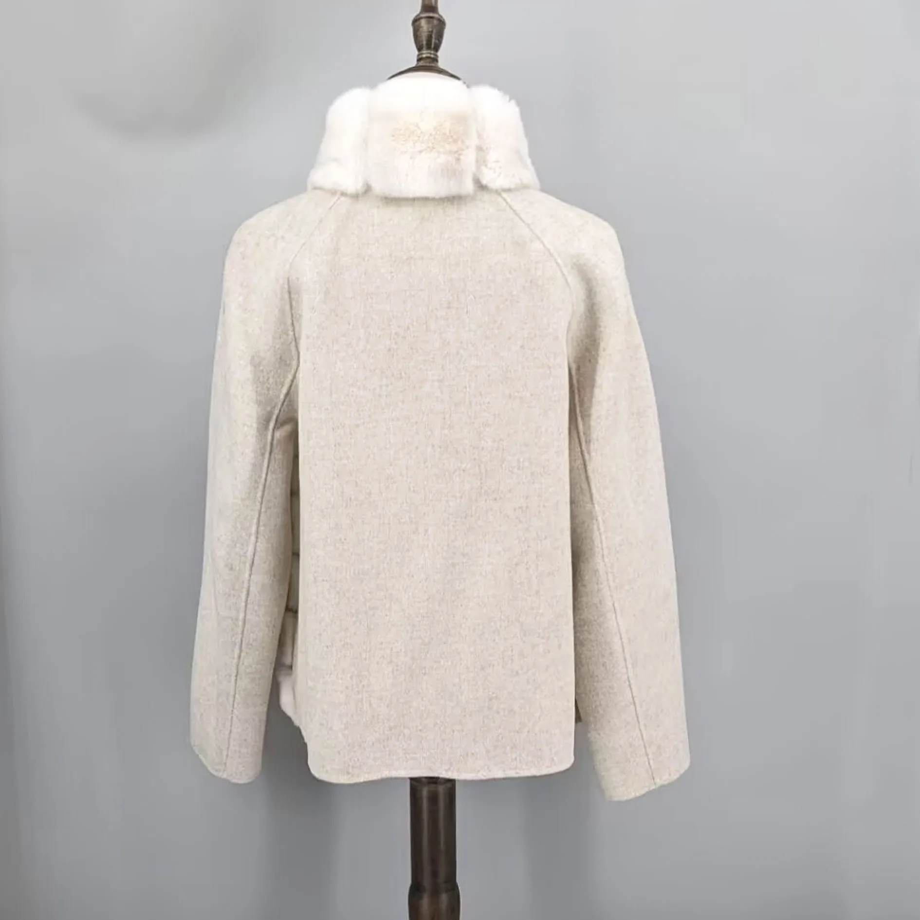 Real Chinchilla Rex Rabbit Fur Coat Women Wool Blend Patchwork Jacket Stand Collar Zipper Luxury Furry Outerwear Winter Warm Ele