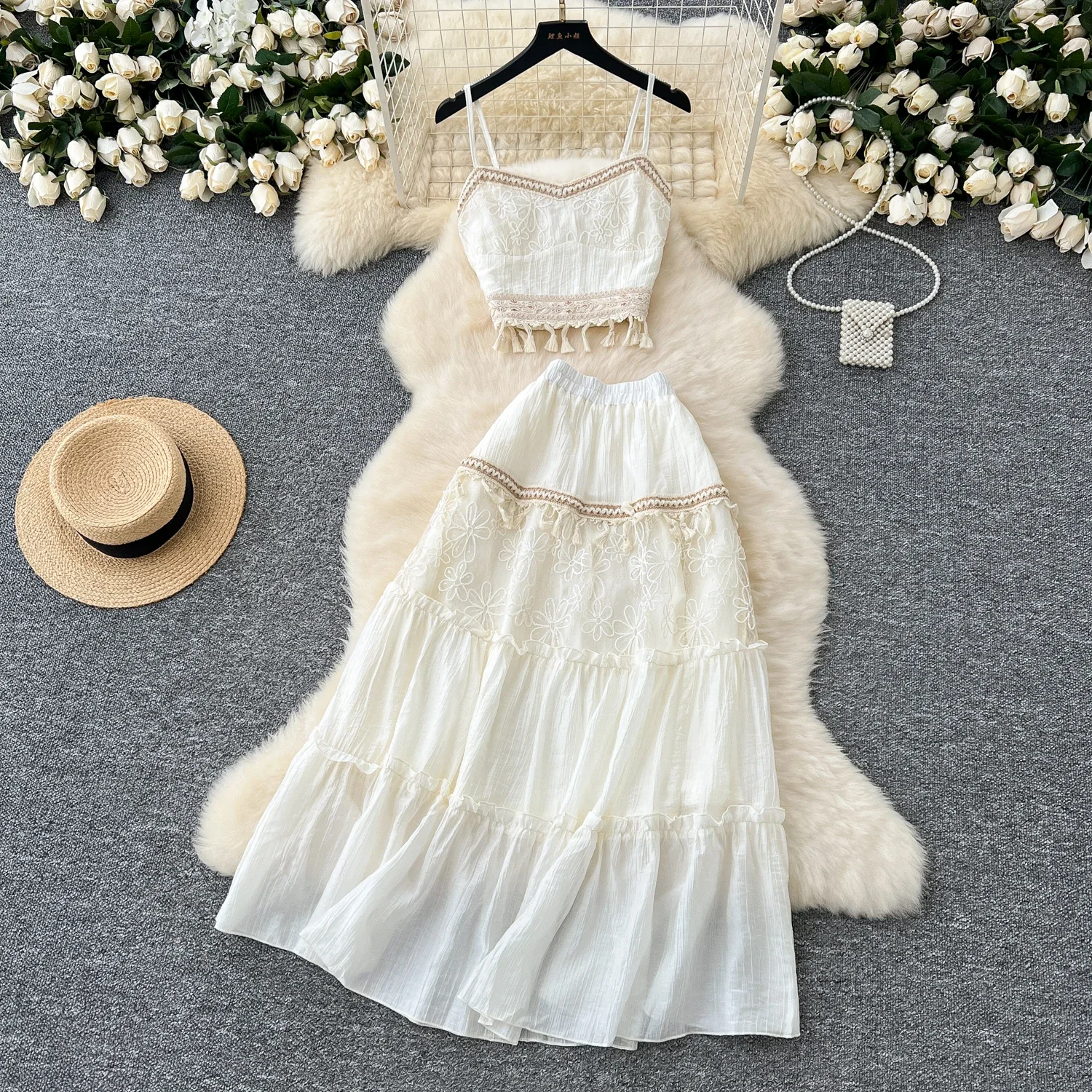 Chic Sequins Embroidered Tassel Women Two-Piece Sets Straps Top High Waist Slim A-line Skirt Fashion Streetwear Summer Clothing