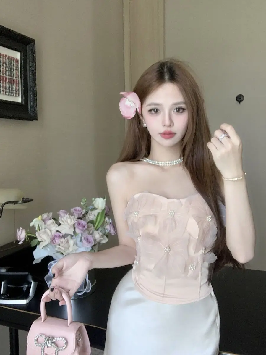 Pure สไตล์ตาข่ายดอกไม้ Slim และ Elegant Strapless Top สําหรับผู้หญิงใหม่สาวร้อน Breast Wrap เสื้อ