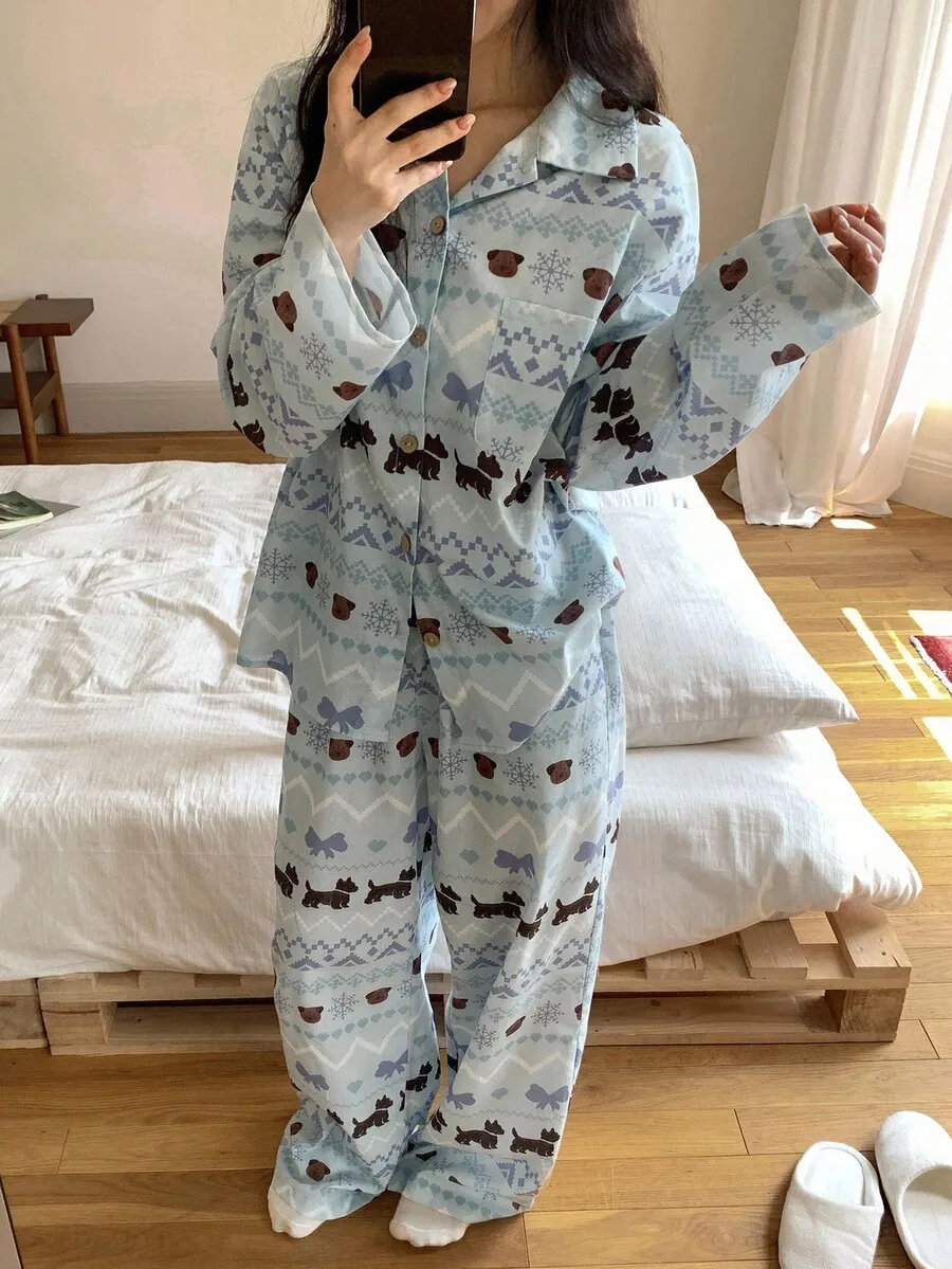 Womens Puppy And Bow Print Pajama Set Long Sleeve Sleepwear For Fall Winter