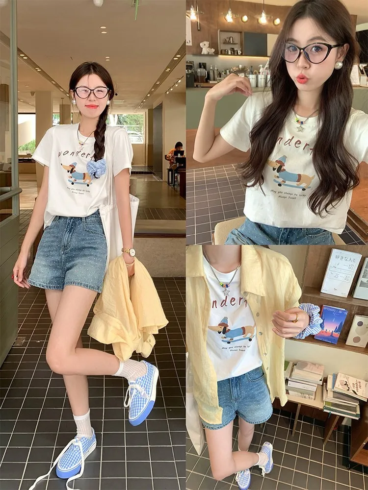 

Loose Casual round Neck Short Sleeve T-Shirt Women's Summer New Style Cartoon Print Overhead Top Comfortable White Ladies' Tee