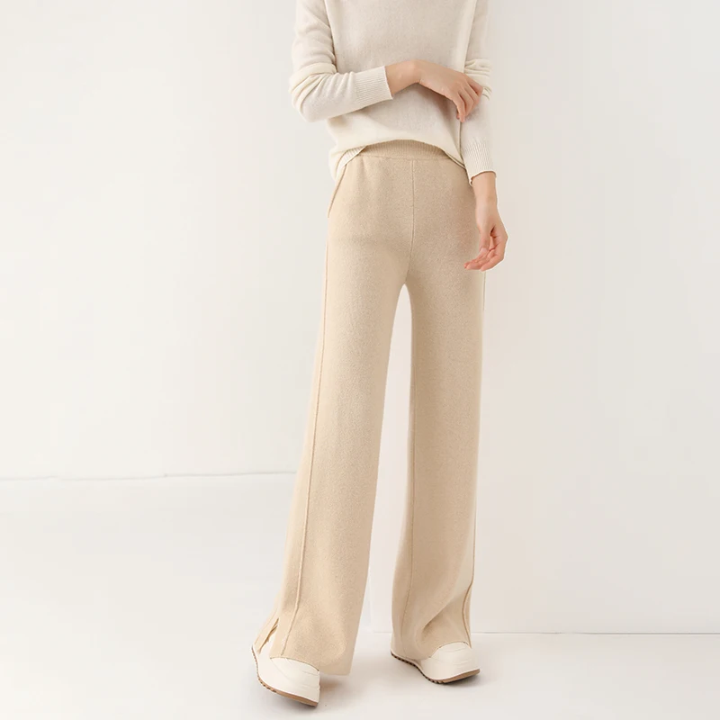 Women Wool Wide Leg Trousers Elastic Waist Side Slit Cashmere Pants Autumn Winter 100% Merino Wool Knitted Soft Warm Trousers
