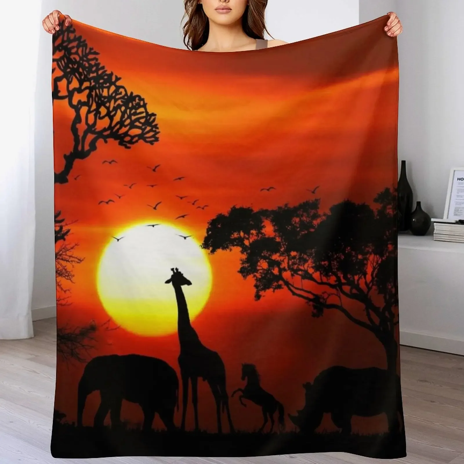 New Wild Animals on African Savanna Sunset Throw Blanket Tourist valentine gift ideas Moving Quilt Blankets