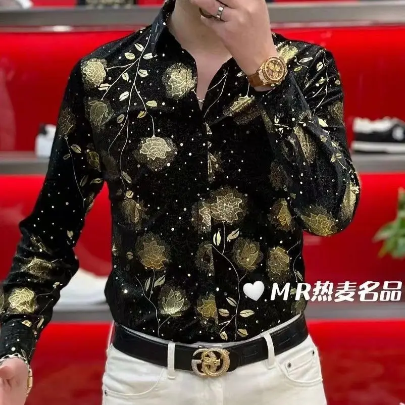 2025 Spring and Autumn New Personalized Gold Rose Print Men Long Sleeve Shirt Cardigan
