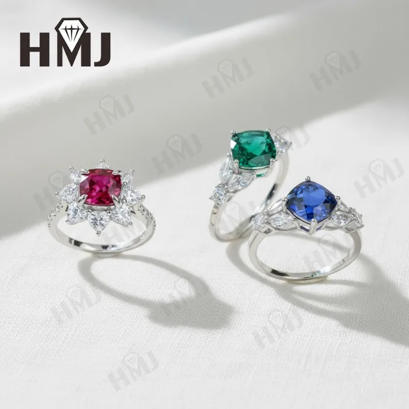 

Lab Grown Gemstone Ring Cushion Cut Ruby Sapphire Colombian Inlay Moissanite 925 Silver Plated White Yellow Gold Party Favorite