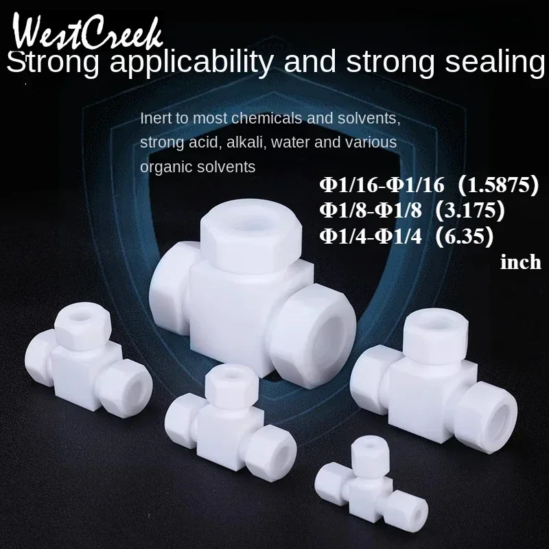 WESTCREEK 1/16 1/8 PTFE Ferrule T tee joint Corrosion-resistant acid alkali compression Bite type fitting polytef Tube Inserting