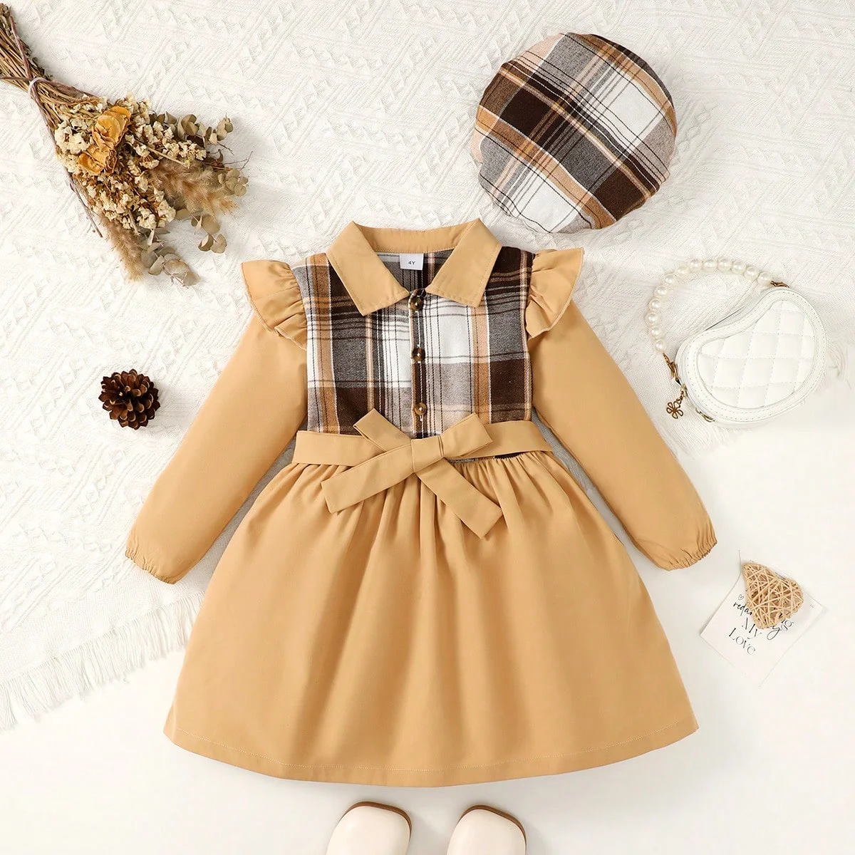 Mädchenkleid für 4-7 Jahre, Kariertes Kleid mit Revers und Langen Ärmeln + Gürtel + Hut, 3-teiliges Set, Frühling-Herbst Mädchen Elegantes Kleid