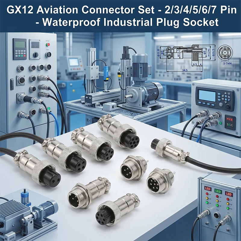 

Комплект из 5 авиационных разъемов GX12: 2/3/4/5/6/7-контактные, круглые, металлические, для монтажа на панель, 12 мм, с гайкой, тип «папа-мама»