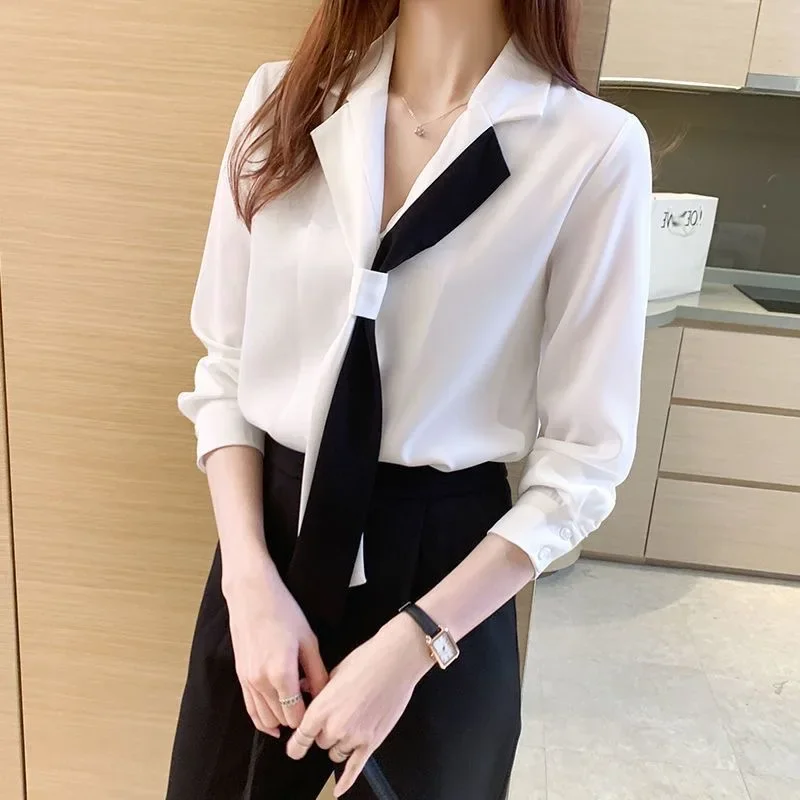 Women Spring Autumn Style Blouses Shirts Lady Casual Long Sleeve Notched Collar Bow Tie decor Blusas Tops WY1037