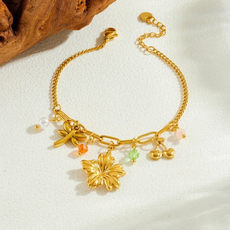 Fashionable Countryside Style Multi-element Gold-plated Cherry Blossom Dragonfly Pendant Pearl Titanium Steel Bracelet for Women
