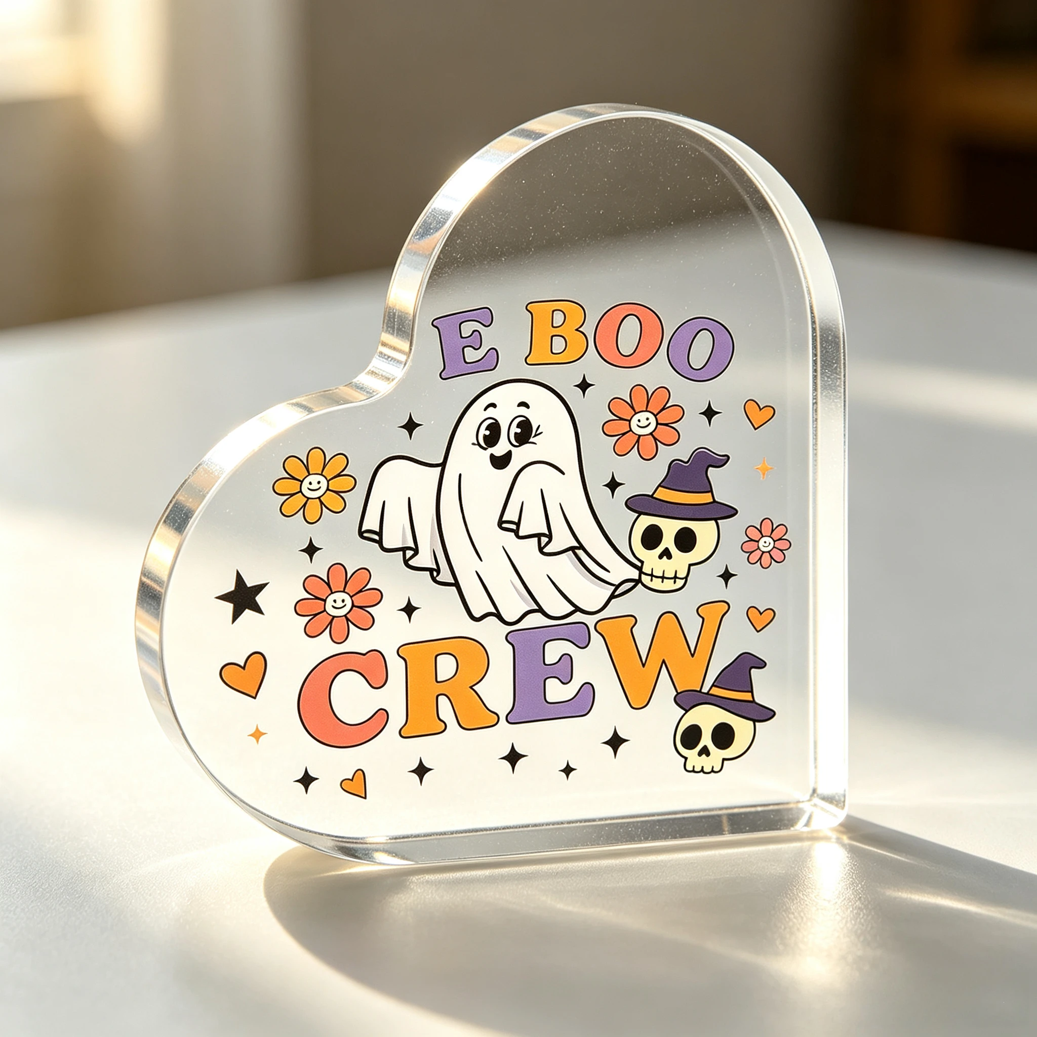 Retro Floral Ghost Witch Skull Heart Acrylic Tabletop Sign, Spooky Season Shelf Ornament