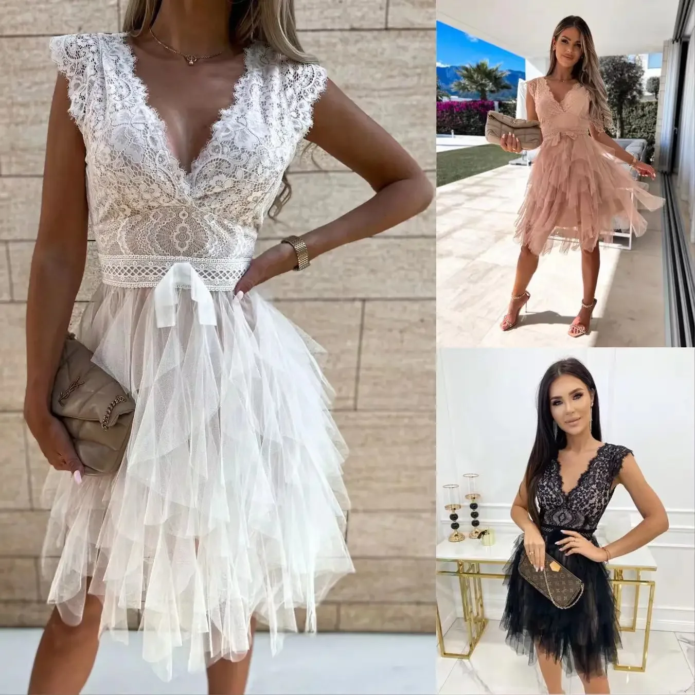 

Lace Mini Dress Women Mesh Bandage Dresses Y2k Casual Elegant Holiday Loose Spring Summer Party Work Wedding White Vestidos