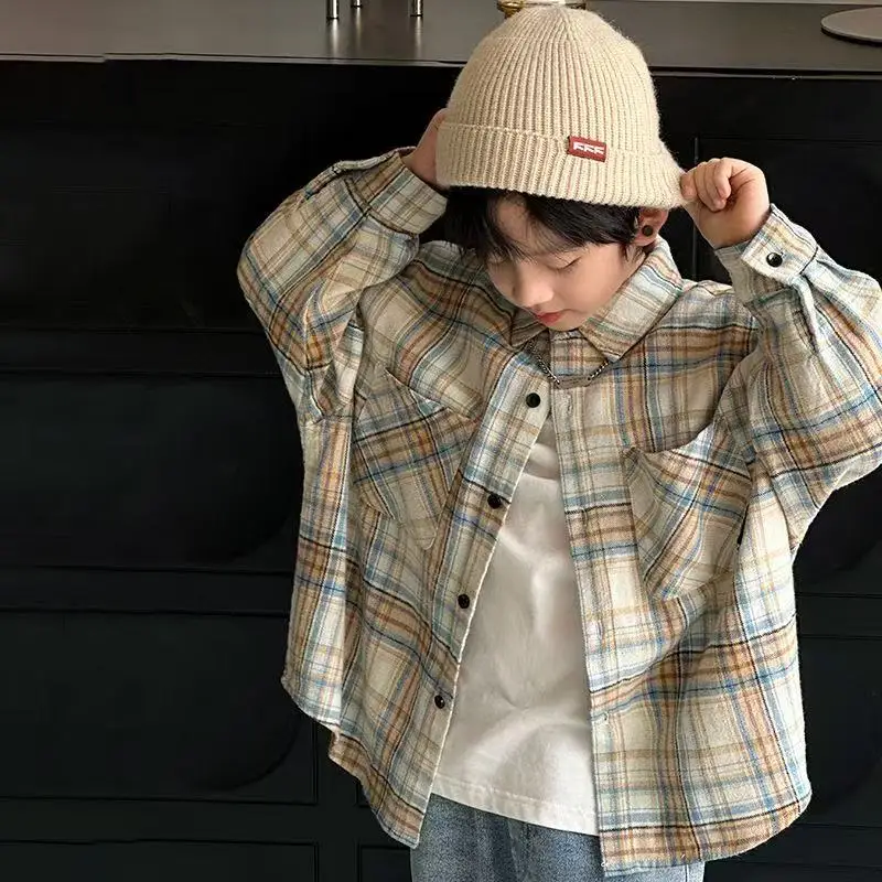 

Boys' Shirt Spring and Autumn 2026 New Fashionable Children's Casual Long Sleeve Plaid Top 110-170CM