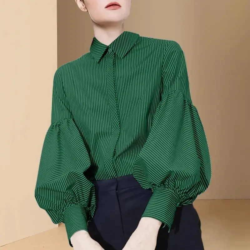 Spring Autumn Woman French Style Oversized 3XL Bubble Long Sleeve Stripe Shirt Minority All-match Fashion Women's Blouses 2022