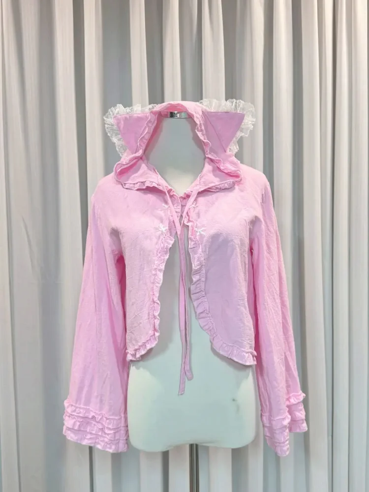 

Cute Lace Ears Tied Hooded Short Jackets Women Japanese Y2k Aesthetic Bow Ruffled Tops Solid Versatile Cardigans
