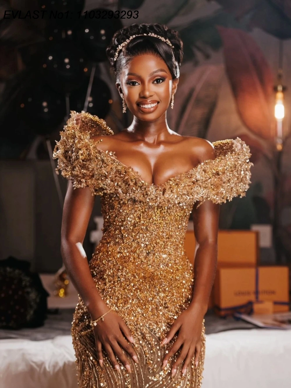 EVLAST Customized Gold Diamond Prom Dress Women 2026 Mermaid Rhinestones Beaded Shiny Party Evening Gown Vestido De Festa FP82 view 5