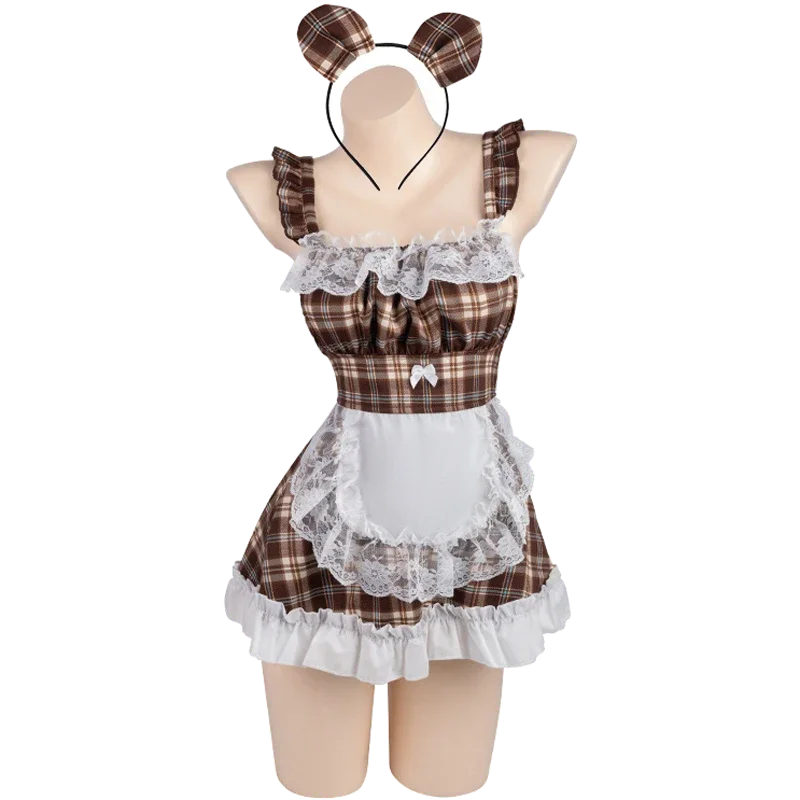 

AniLV Little Bear Maid Uniform Anime Cafe House Cute Waiter Plaid Apron Dress Outfits Cosplay Costumes