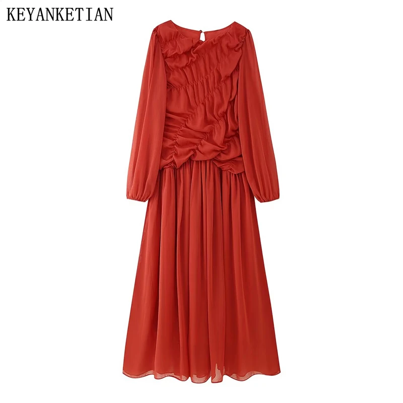 

KEYANKETIAN 2025 Spring/Autumn New Women's Pleats Decoration MIDI Dresses Holiday wind Solid color Long Sleeve Patchwork Dress