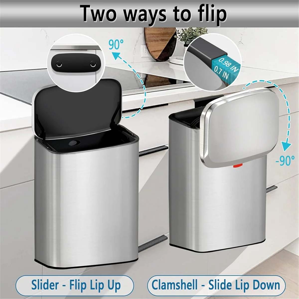 سلة مهملات صغيرة معلقة للمطبخ من الفولاذ المقاوم للصدأ مع غطاء، سلة مهملات للمطبخ 2 في 1 لسطح الطاولة وتحت الحوض، 8