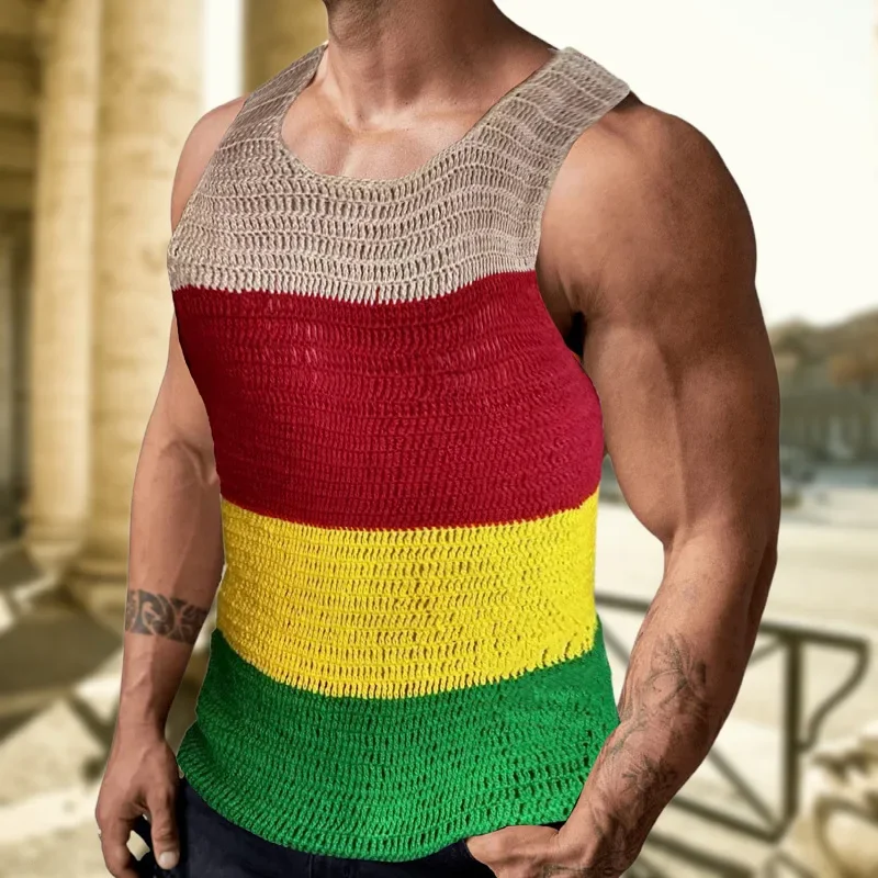 2024 Europe and The United States Men's Coarse Needle Knitwear Casual Sleeveless Hip Hop Street Youth Hollow Color Vest M-3XL