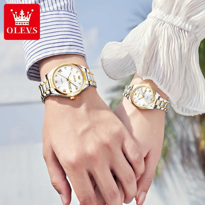 Olevs 5563 relojes de lujo de cuarzo para parejas, reloj resistente al agua de acero inoxidable para hombres y mujeres, reloj de mano de moda con