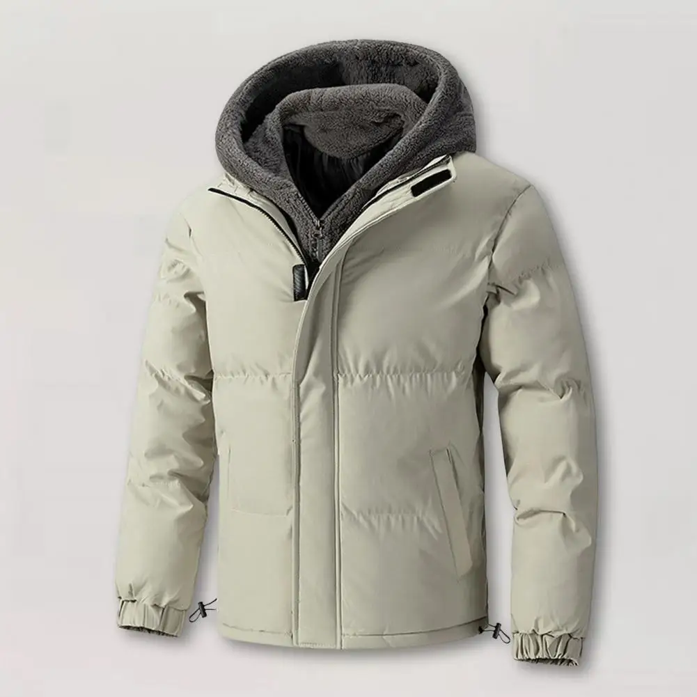 Cotton Coat with Zipper Placket Men's Hooded Cotton Coat with Plush Lining Zipper Placket Thermal Insulation for Winter