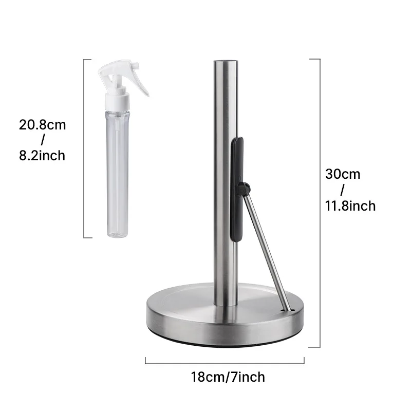 Stainless Steel Paper Towel Holder Silver Standing Paper Tissue Roll Rack with Spray Bottle for Kitchen Countertop Bathroom