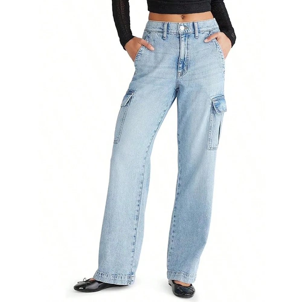 Womens Street Trend Cargo Pants High Waisted Loose Multi Pocketed Straight Leg Jeans Casual Denim Bottoms pantalones de mujer