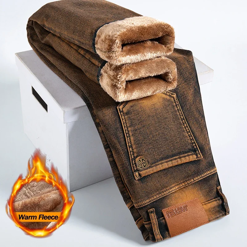 Winter High-quality Men's Jeans with Thick Wool Lining, Warm and Elastic Straight Tube, Brown Fashionable Retro Plush Pants