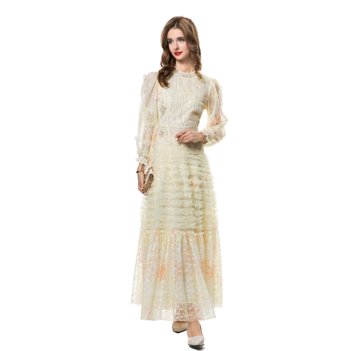 Vestidos femininos o pescoço mangas compridas impresso babados em camadas elegante designer de moda maxi vestidos