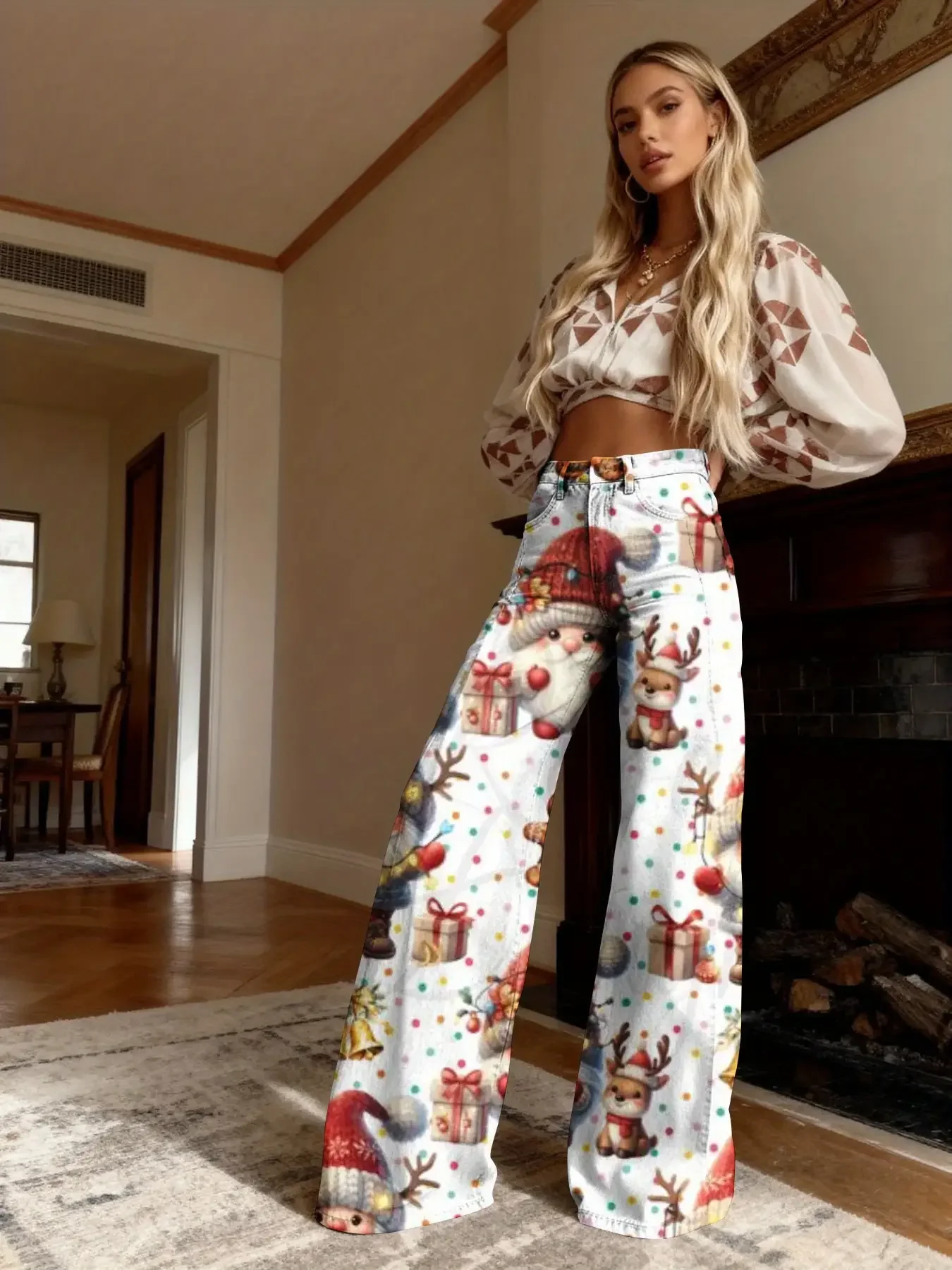 3D Women's Imitation Jeans Christmas Style Christmas Tree Bow Print High Waist Stretch