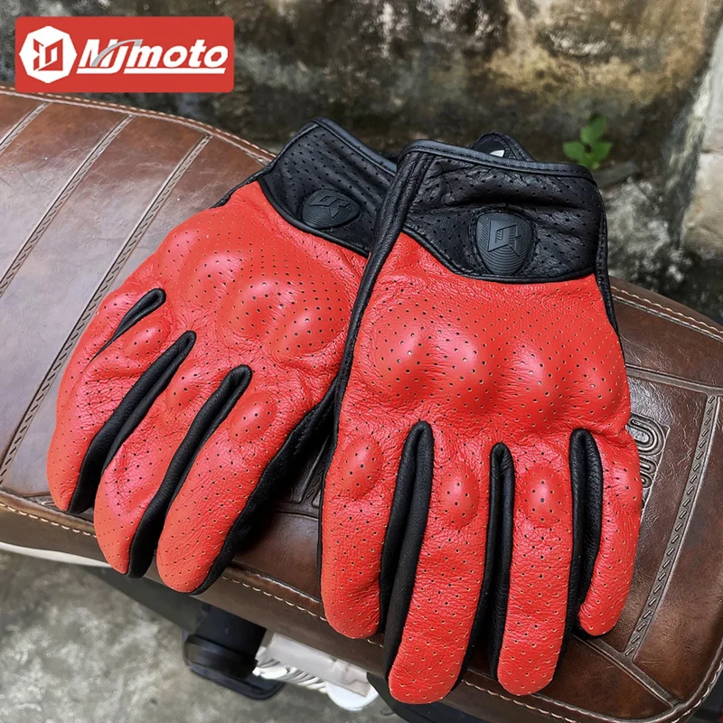 Summer Breathable Perforation Motorcycle Gloves Retro Leather Full Finger Touchscreen With Built-in EVA Shell Protector Gloves