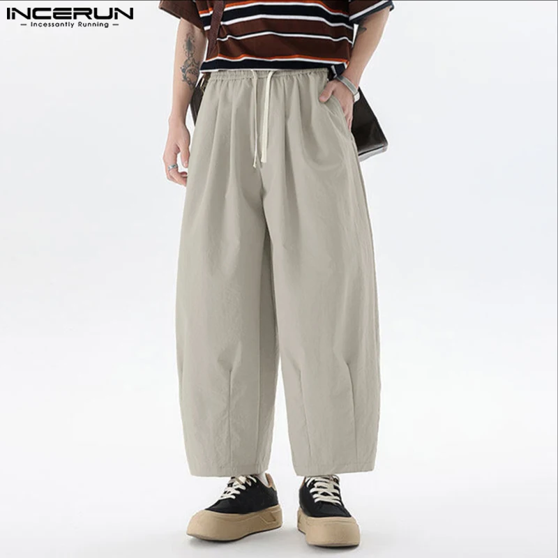 INCERUN Pantaloni Casual da Uomo con Coulisse Pantaloni di Colore Solido Casual Pantaloni a Gamba Larga da Uomo Streetwear 2025 Pantaloni di Stile Coreano di Moda