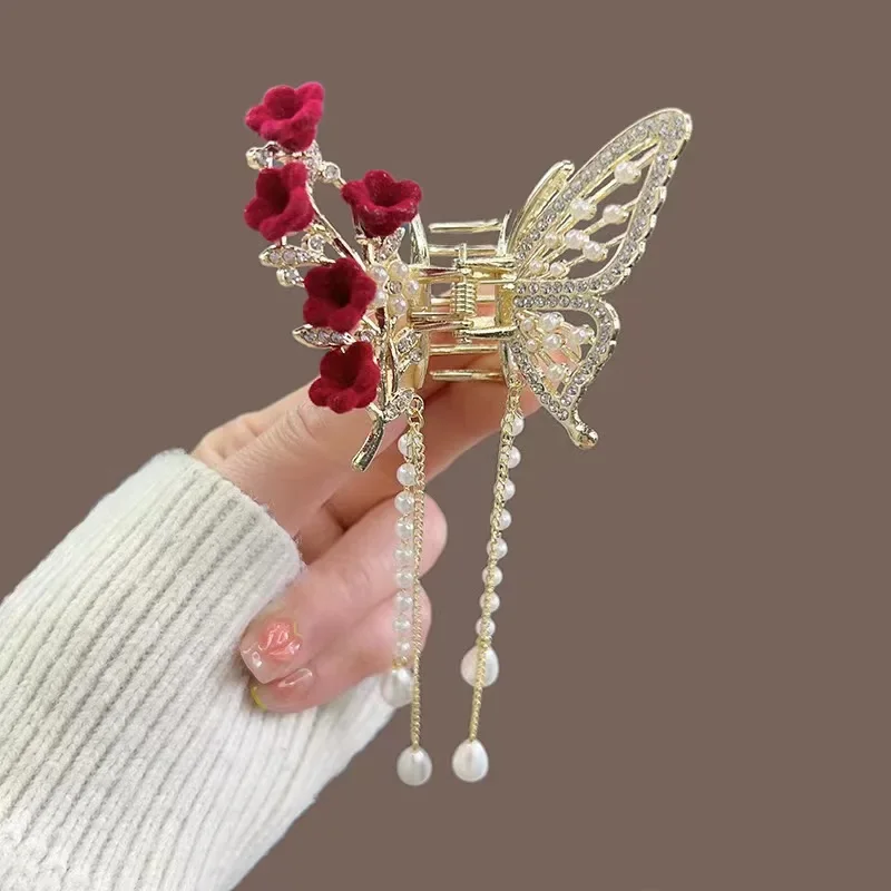 Butterfly Tassel Pearl Hair Claw Red Flower Festival Hairpin for Girls Ponytail Hair Clips Crab Women Fashion Accessories Gifts