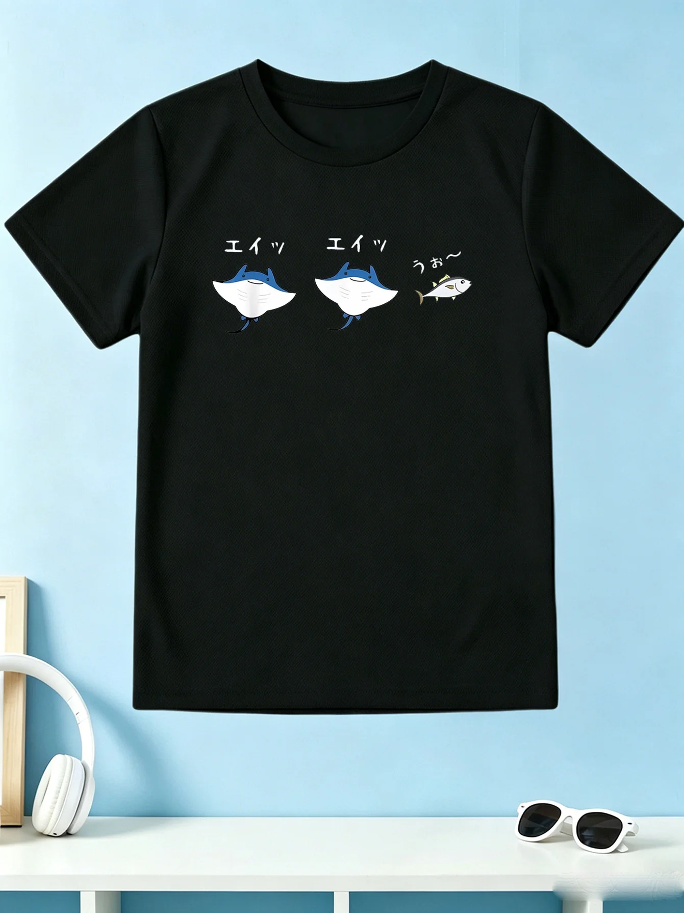 Children T Shirt Lovely Cartoon Manta Rays Fish Japanese Font Marine Creature Print Short Sleeve Soft Cotton Kids Daily Outfit