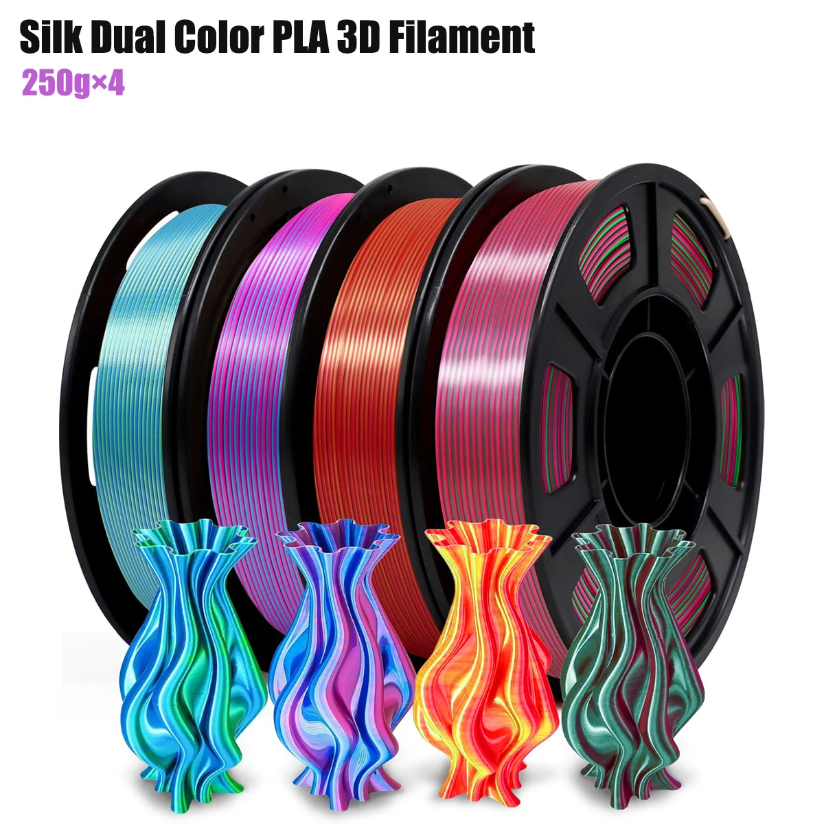 

Шелковая двухцветная коэкструзионная PLA 3D-нить — 1,75 мм (±0,03 мм), совместимая с большинством 3D-принтеров, упаковка 250 г × 4 цвета