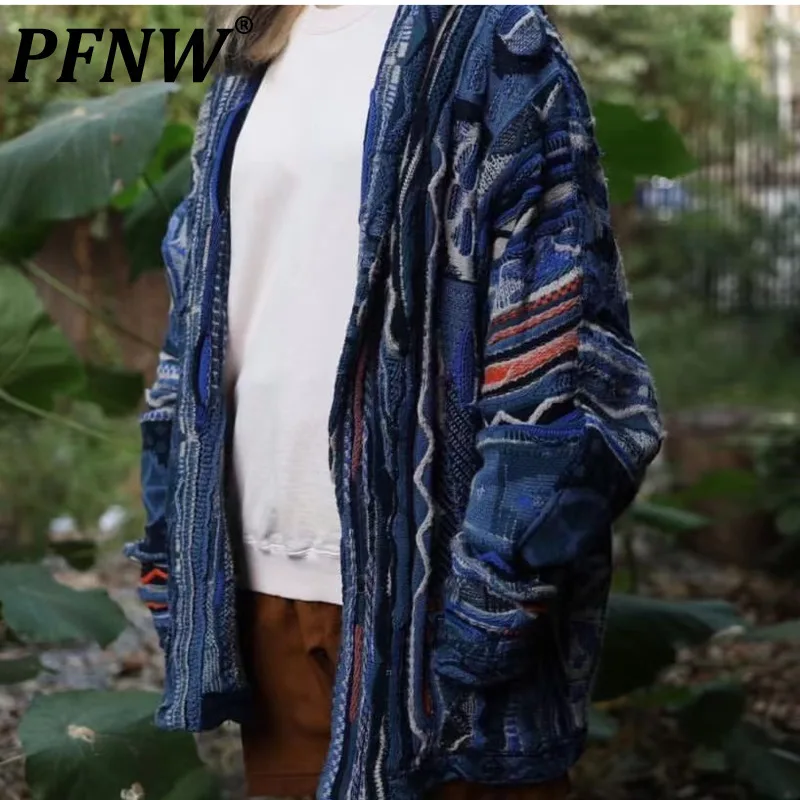 PFNW Geometric Printed Knit Cardigan Sweater For Men High Quality Vintage Trend Loose Casual Ethnic Style Sweater Coats 12C1477