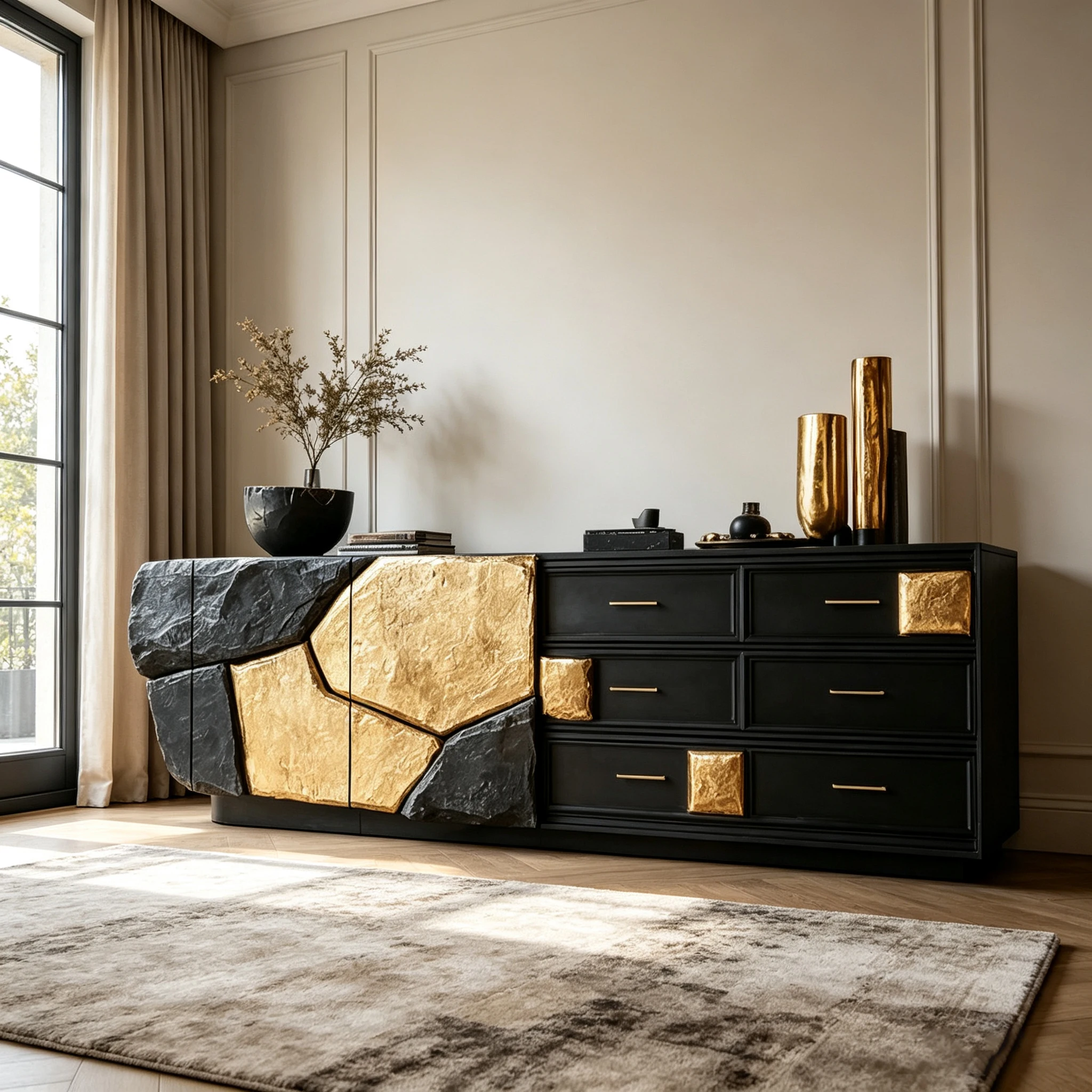 M*-Rock Gold Patchwork Fiberglass Storage Cabinet Combined Door Drawer Matte Black Frame for Retro Luxury