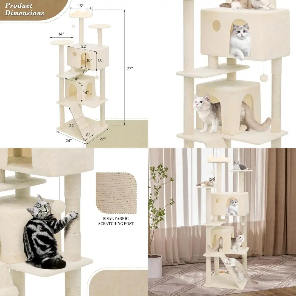 

77 High Indoor Cat Tree with 2 Condos, Scratching Post, and Toy, Beige