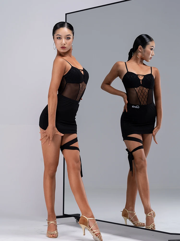 Latin Dance Dress Performance New Sling Mesh Stitching Top Practice Dance Dresses