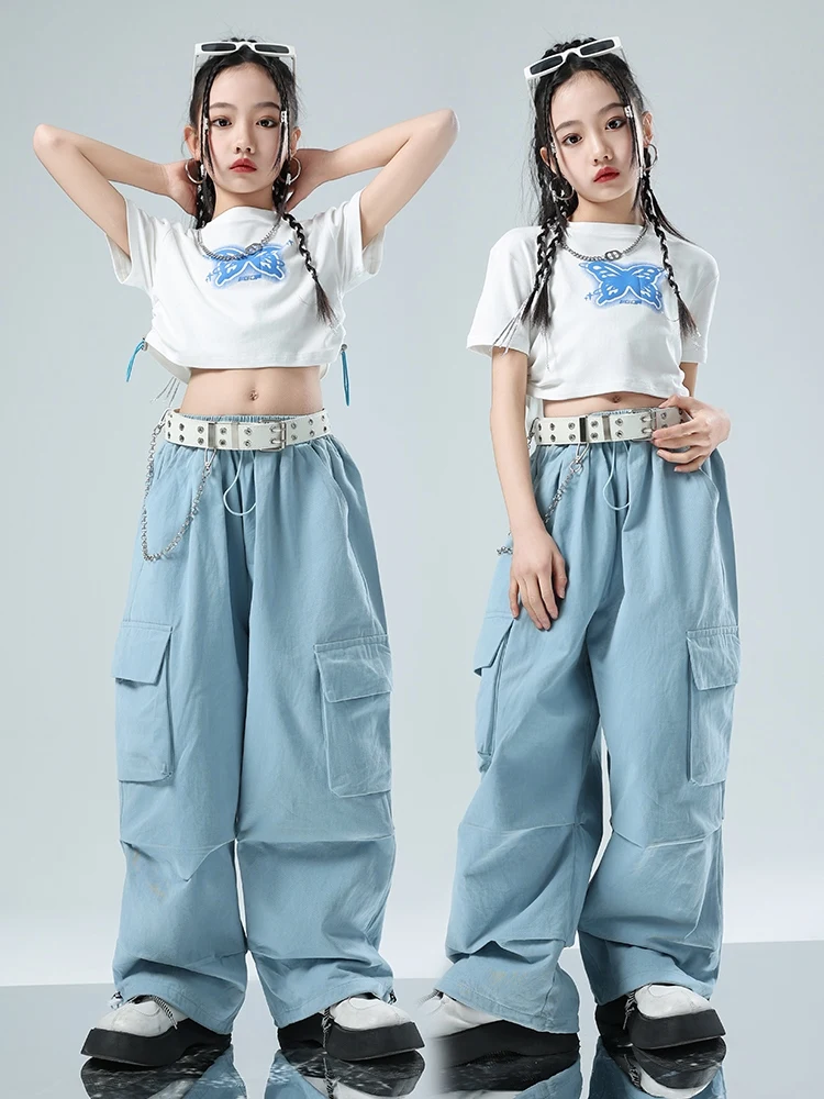 Nieuwe Meisjes Jazz Danskleding Witte Korte Tops Blauwe Cargobroek Hiphop Kids Kleding Kpop Performance Pak Rave Outfit Bl12535