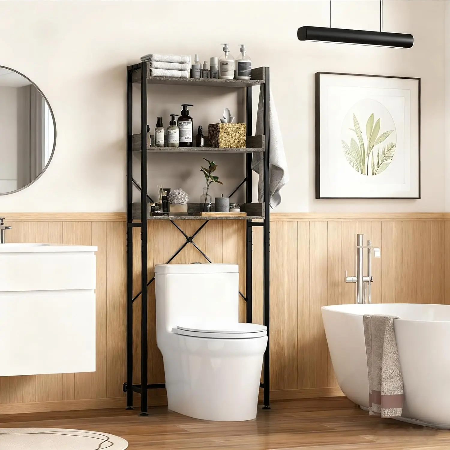 

Over The Toilet Storage Shelf, 3-Tier Freestanding Space Saver Above Toilet with 4 Hooks, Adjustable Bottom Bar, Over Toilet