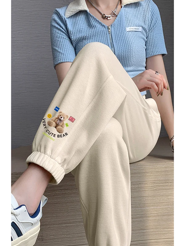 Plus Size 300-Pou-Sporthose mit Fce-Futter, Damen-Freizeithose mit hoher Taille und Bären-Aufdruck, bequeme Polyesterfaser