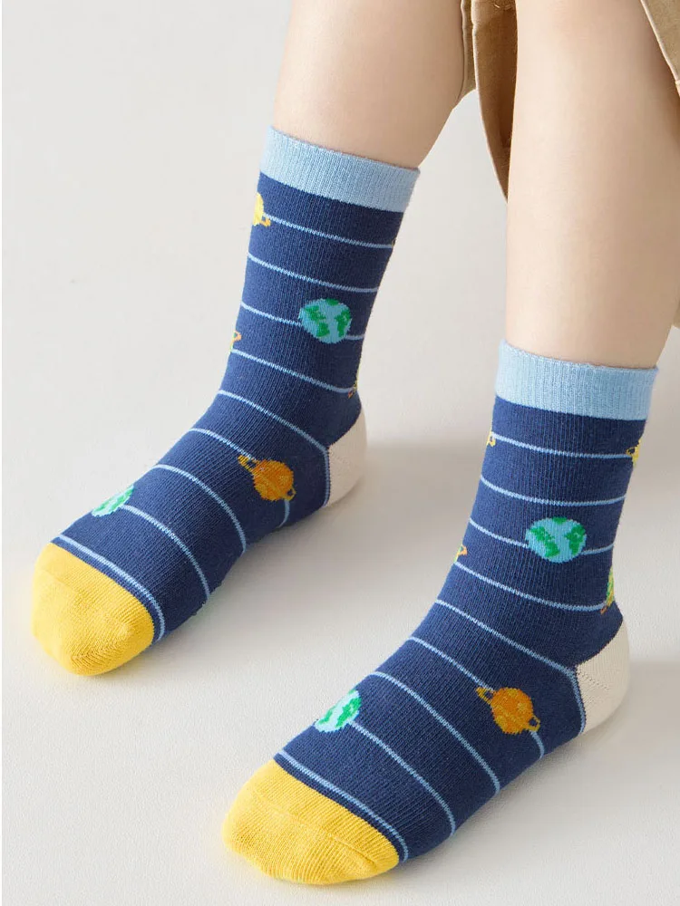 3-12T Children Autumn Socks Boys Mid Calf Cotton Socks Cool Space Pattern Socks Kids A Class Socks 5 Pairs/lot