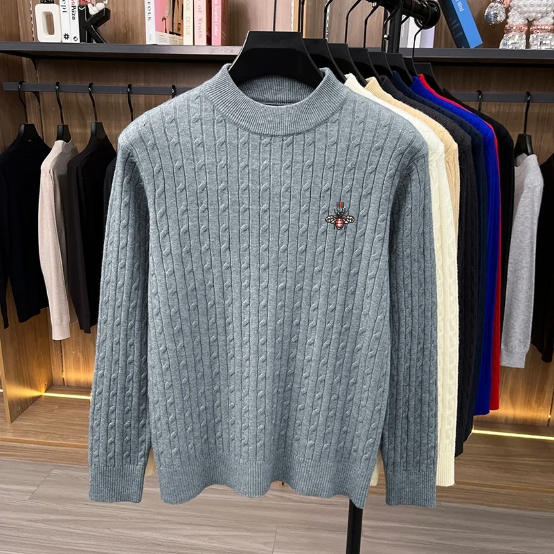 Autumn and Winter New Twisted Flower Sweater Fashion Men's Classic Bee Embroidered Velvet Comfortable Round Neck Long Sleeve Top