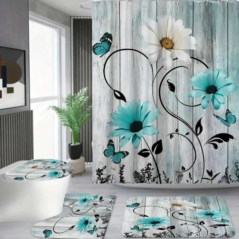 1/3/4pcs Blue And White Daisy Style , Shower Curtain With 12 Hooks, Bathroom Rug, Toilet U-Shape Mat, Toi