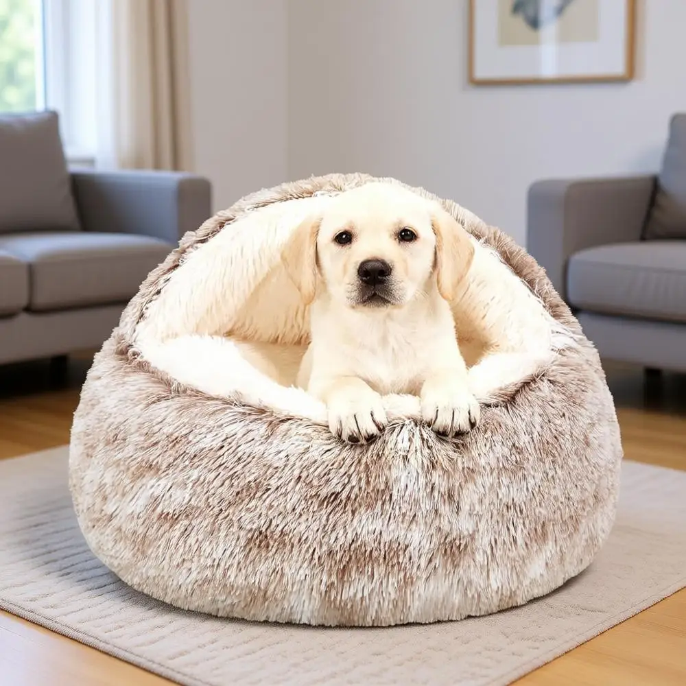 

Calming Dog Beds & Cat Cave Bed, Removable Washable Round Beds for Small Medium Pets, Anti-Slip Faux Fur Fluffy Coved Bed for Im