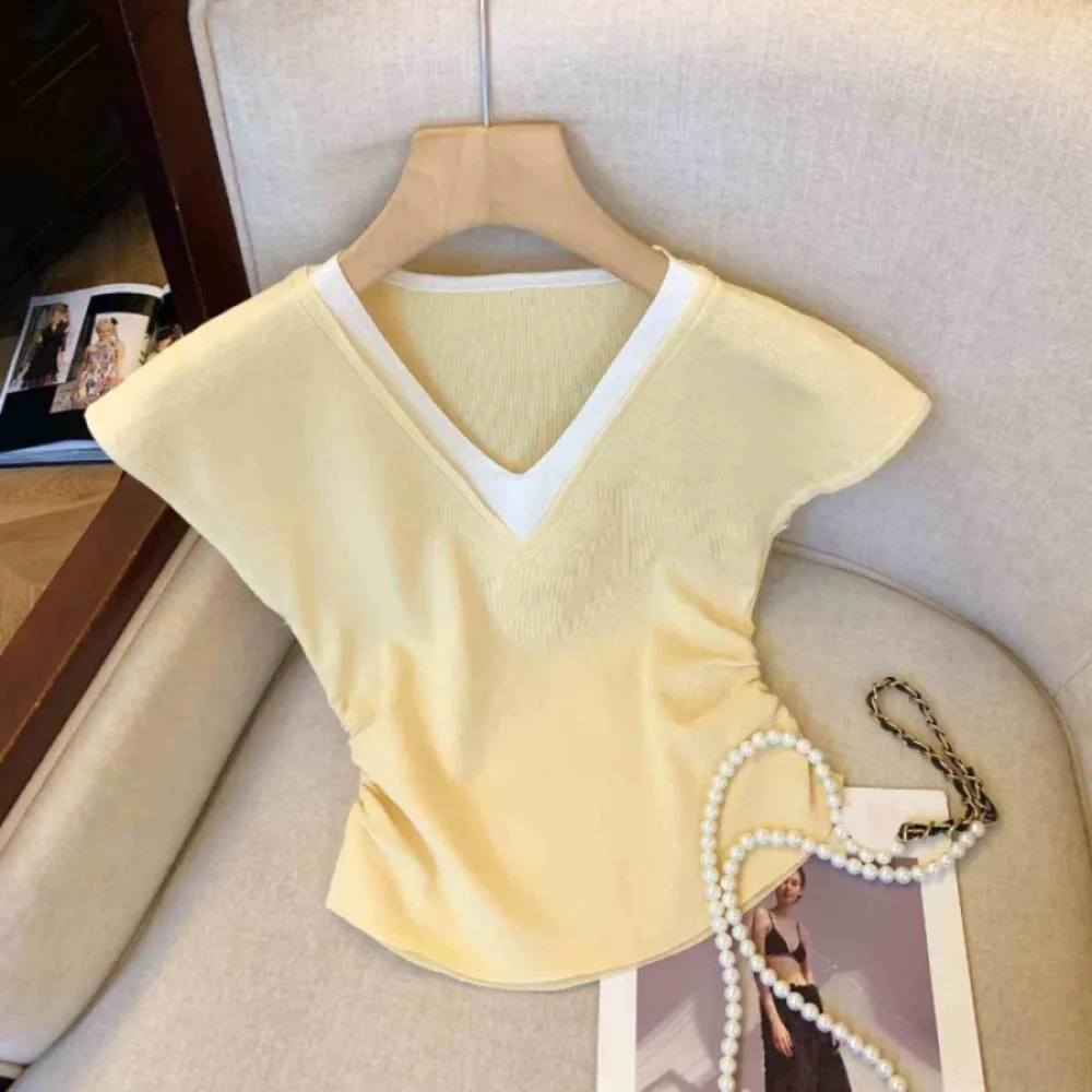 

Temperamnet Patchwork Fake Two Pieces T-shirts Short Sleeve V-neck Slim Crop Top Korean Style Sweet Girl's Top Seaside