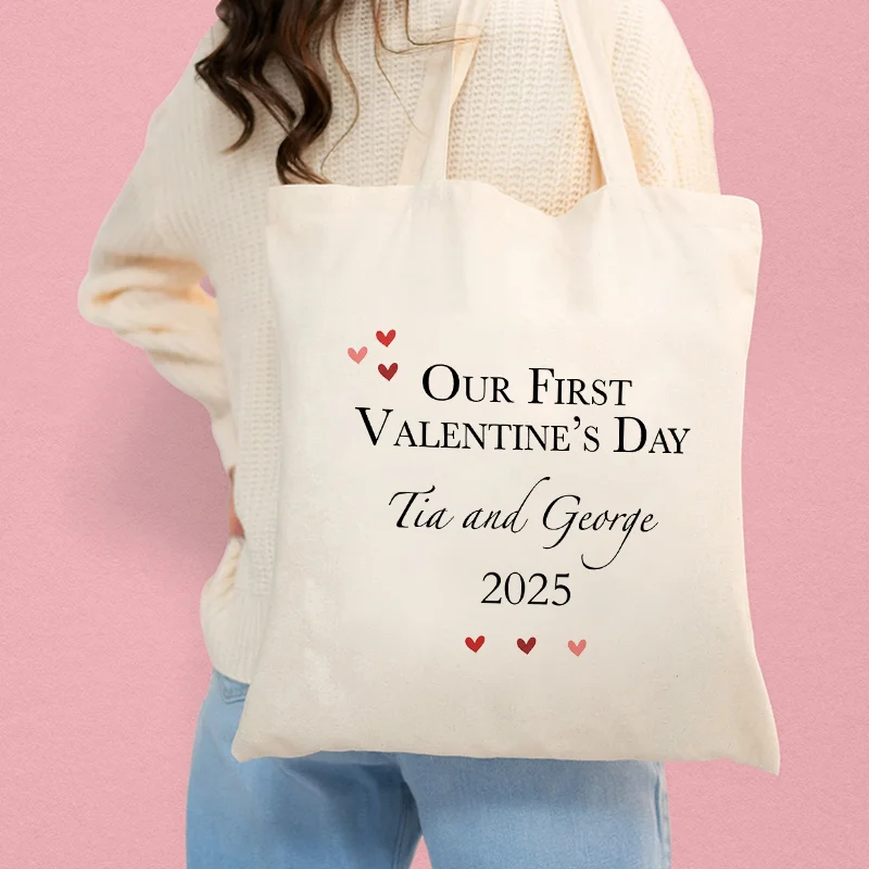 

2025 Our First Valenties's Days Tote Bags for Girlfriend Lovers Canvas Shopping Ecobag Foldable Shoulder Handbags Specia Gifts