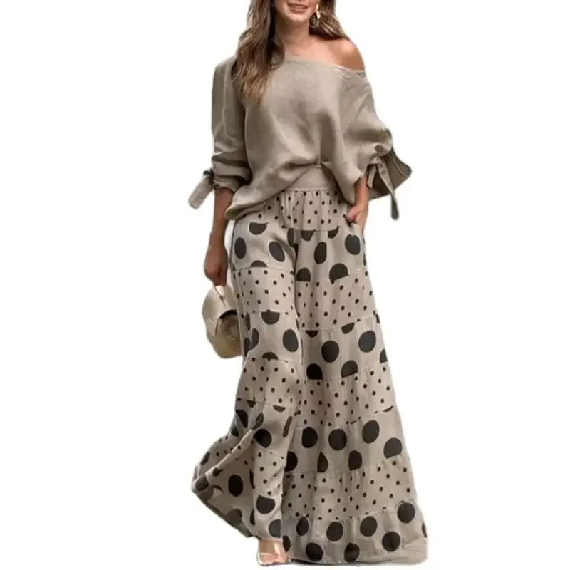 

Solid Color Nine-quarter Sleeve Slant Collar T-Shirt Women Two Piece Sets Dot Prints Multi-layer Splice Cake Skirt Female Suits